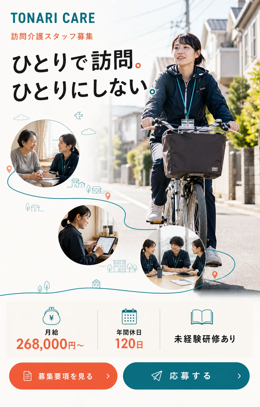 TONARI CARE 介護スタッフ募集 LPの制作サンプル
